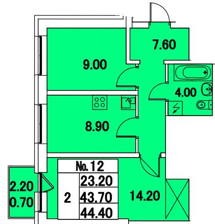 Двухкомнатная квартира 43.7 м²