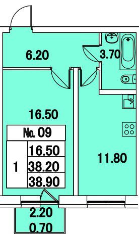 Однокомнатная квартира 38.9 м²
