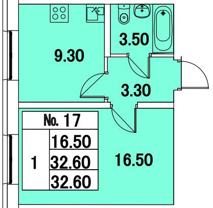 Однокомнатная квартира 32 м²