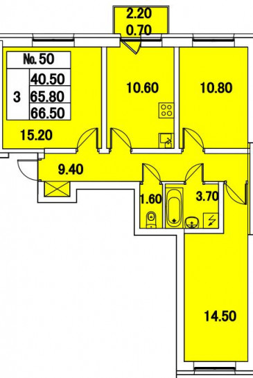 Трёхкомнатная квартира 66.5 м²