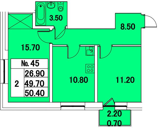 Двухкомнатная квартира 50.4 м²