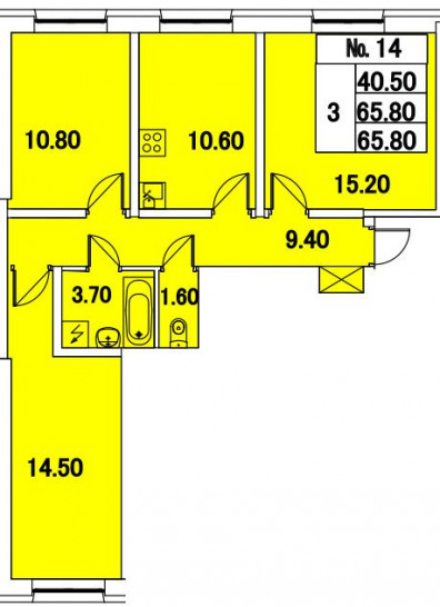 Трёхкомнатная квартира 65.8 м²