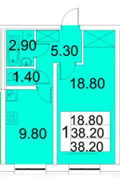 Однокомнатная квартира 38.2 м²