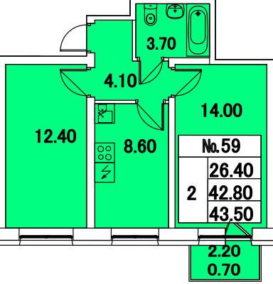 Двухкомнатная квартира 43.5 м²