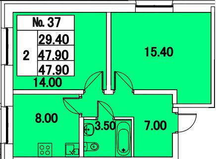 Двухкомнатная квартира 47.9 м²