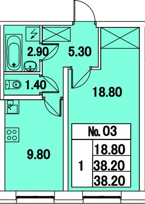 Однокомнатная квартира 38.2 м²
