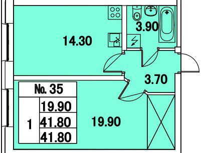 Однокомнатная квартира 41.8 м²
