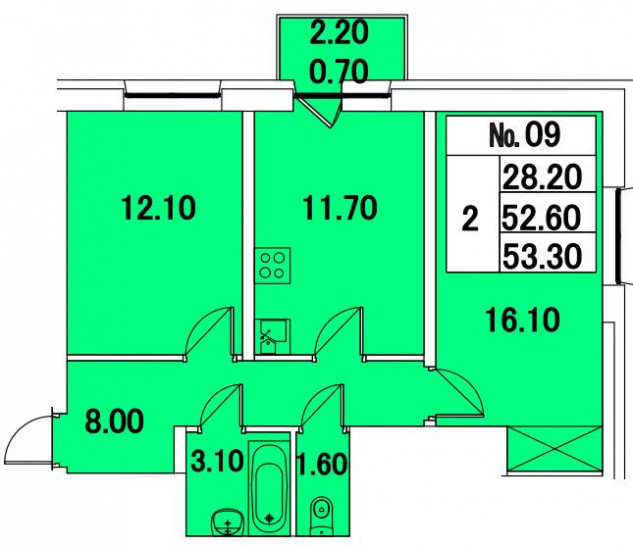 Двухкомнатная квартира 53 м²
