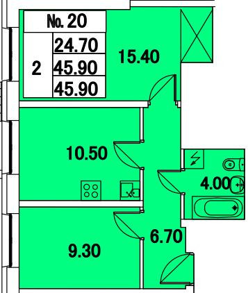 Двухкомнатная квартира 45.9 м²