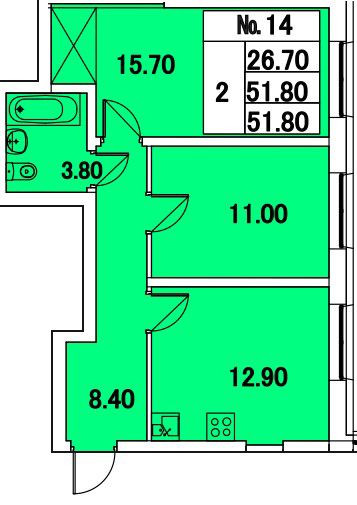 Двухкомнатная квартира 51.8 м²