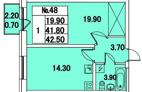 Однокомнатная квартира 42.5 м²