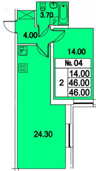 Двухкомнатная квартира 46 м²