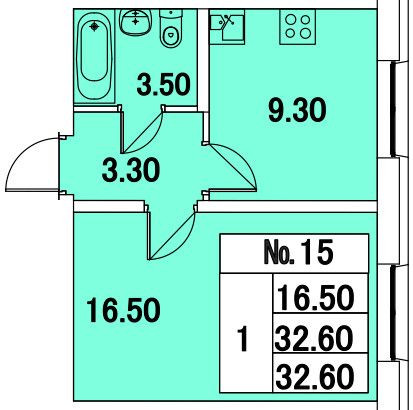 Однокомнатная квартира 32.6 м²