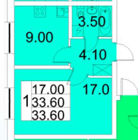 Однокомнатная квартира 33.6 м²