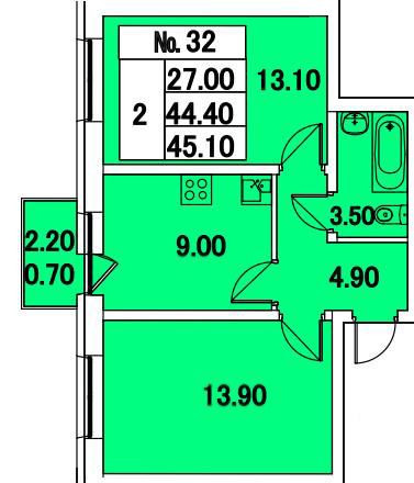 Двухкомнатная квартира 45.1 м²