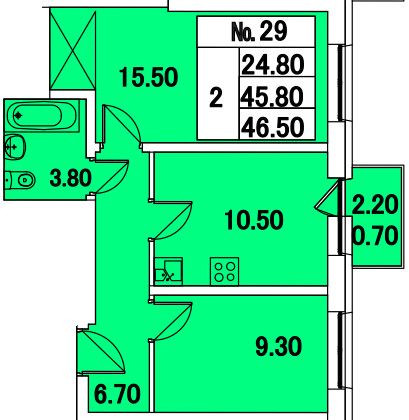 Двухкомнатная квартира 46.5 м²