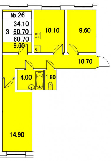 Трёхкомнатная квартира 60.7 м²
