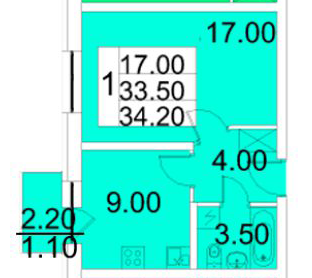 Однокомнатная квартира 34.2 м²
