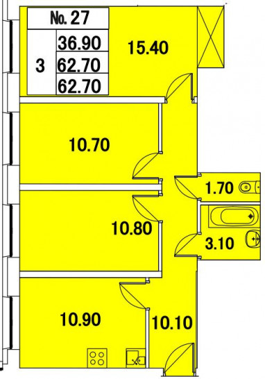 Трёхкомнатная квартира 62.7 м²