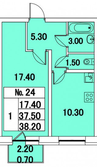 Однокомнатная квартира 38.2 м²