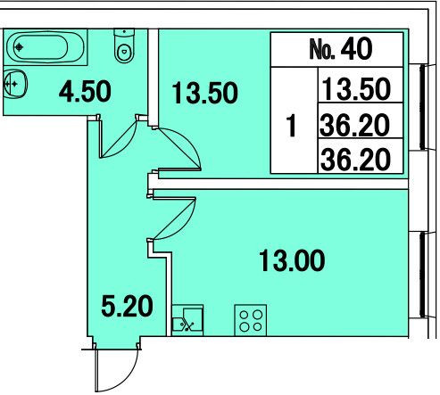 Однокомнатная квартира 36 м²