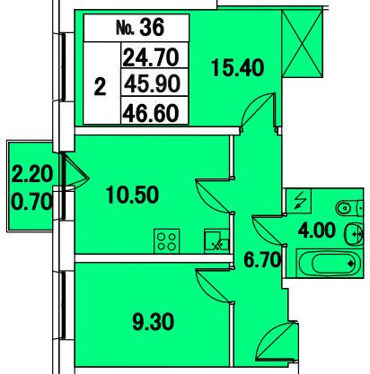 Двухкомнатная квартира 46.6 м²