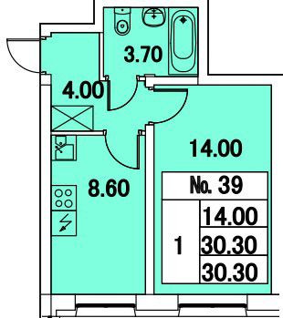 Однокомнатная квартира 30.3 м²