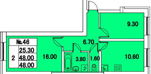 Двухкомнатная квартира 48 м²