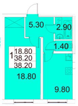 Однокомнатная квартира 38.2 м²