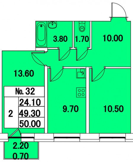 Двухкомнатная квартира 50 м²
