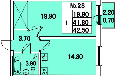 Однокомнатная квартира 42.5 м²