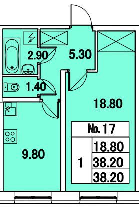Однокомнатная квартира 38.2 м²