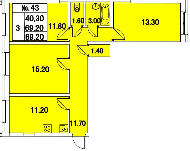 Трёхкомнатная квартира 69.2 м²