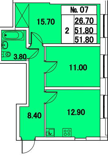 Двухкомнатная квартира 51.8 м²