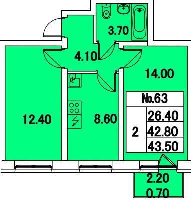 Двухкомнатная квартира 43.5 м²