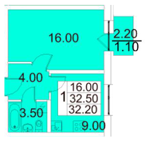 Однокомнатная квартира 33.2 м²