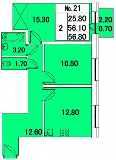 Двухкомнатная квартира 56.8 м²