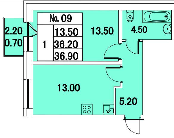 Однокомнатная квартира 36.9 м²