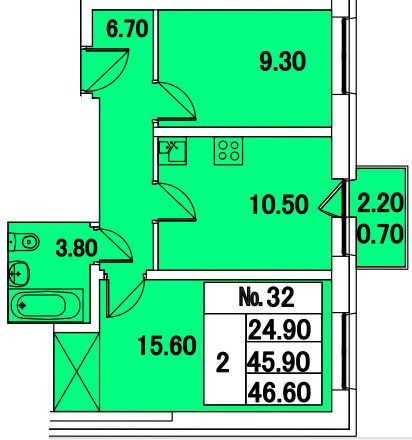 Двухкомнатная квартира 46.6 м²