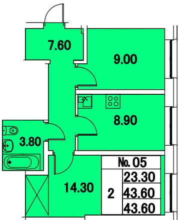 Двухкомнатная квартира 43.6 м²
