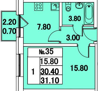 Однокомнатная квартира 31.1 м²