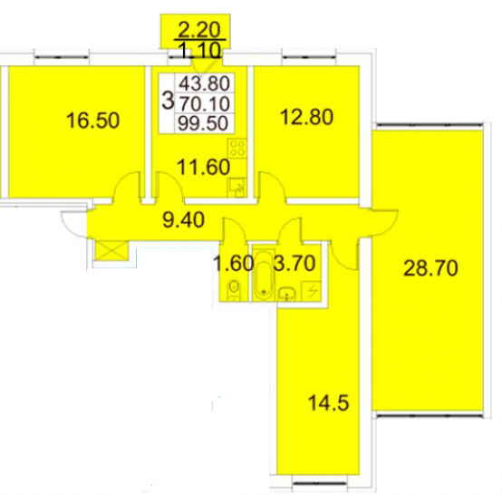 Трёхкомнатная квартира 99.5 м²
