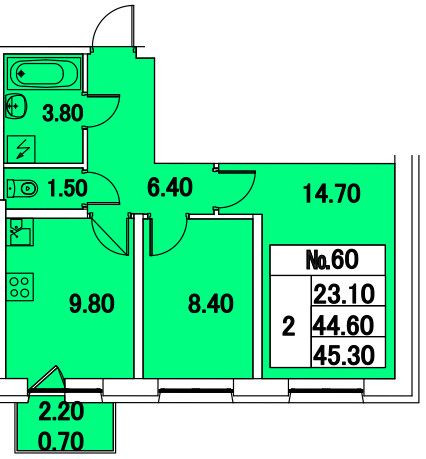 Двухкомнатная квартира 45.3 м²