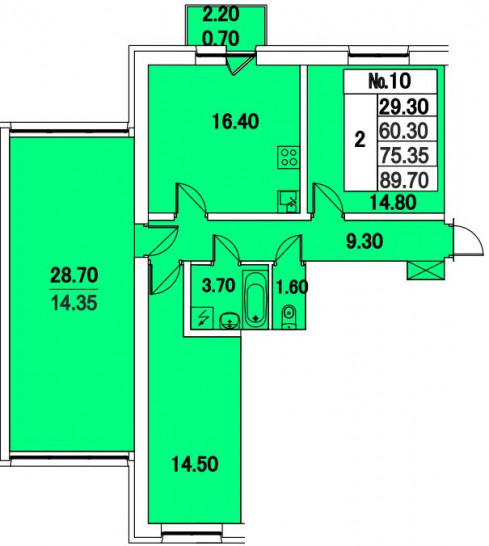 Двухкомнатная квартира 75.35 м²