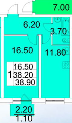Однокомнатная квартира 38.2 м²