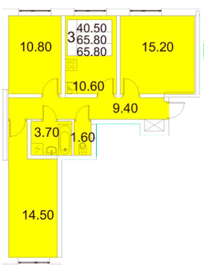 Трёхкомнатная квартира 65.8 м²