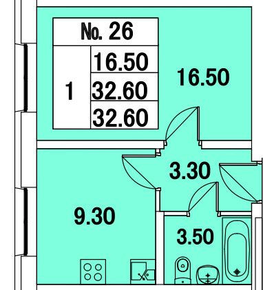 Однокомнатная квартира 32 м²