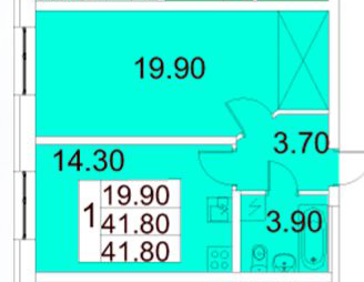 Однокомнатная квартира 41.8 м²