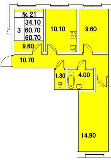 Трёхкомнатная квартира 60 м²