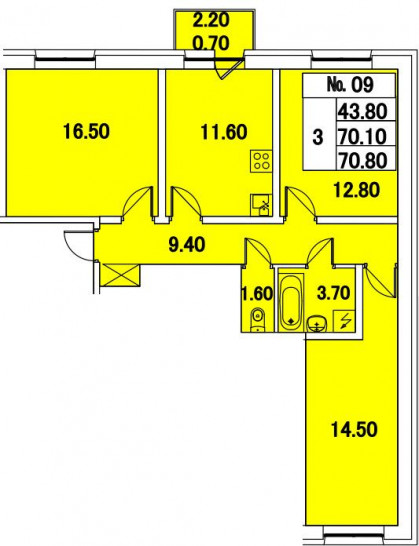 Трёхкомнатная квартира 70.8 м²
